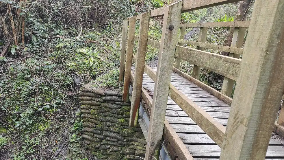 Holzsteg mit Geländer an einem Hang